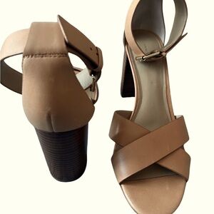 Ann Taylor - 3” heel.  Beige, open toe and ankle strap